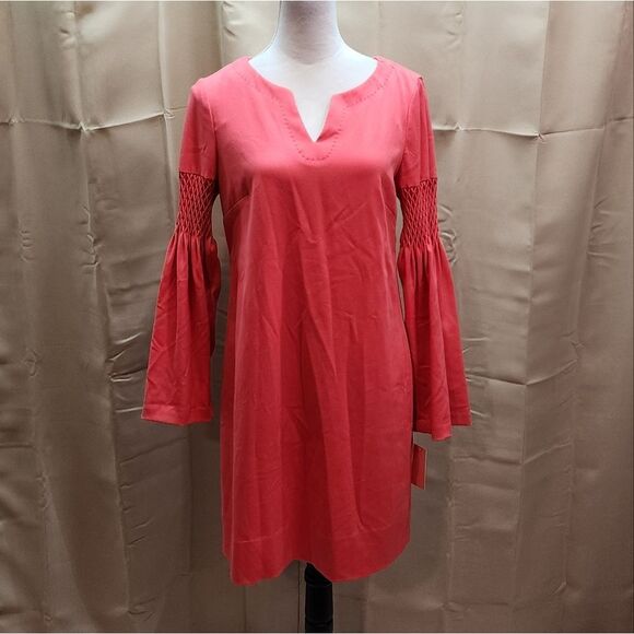 Phoebe Couture by Kay Unger Coral Smocked Designer Shift Dress Size 6 - Picture 3 of 14